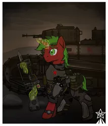 Size: 3000x3500 | Tagged: semi-grimdark, artist:devorierdeos, derpibooru import, oc, oc:clockwork, unofficial characters only, pony, unicorn, fallout equestria, armor, bayonet, clothes, energy weapon, flask, glowing horn, green eyes, horn, knife, laser rifle, levitation, magic, magical energy weapon, male, military, military uniform, rock, solo, tank (vehicle), telekinesis, uniform, weapon