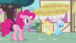 Size: 1280x720 | Tagged: safe, derpibooru import, screencap, bloo, noi, pinkie pie, earth pony, pony, unicorn, a friend in deed, balloon, bloodorable, bloosad, cute, cutie mark, diapinkes, female, filly, linkelina, mare, noiabetes, noisad, ponyville, sad, sadorable, smile smile smile, smile song, tree