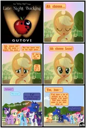 Size: 3255x4838 | Tagged: safe, artist:gutovi, derpibooru import, applejack, fluttershy, pinkie pie, princess luna, rainbow dash, rarity, twilight sparkle, twilight sparkle (alicorn), alicorn, earth pony, pegasus, pony, unicorn, comic:why me!?, alternate ending, apple, bedroom eyes, comic, dawn, female, food, hat, lesbian, lunajack, mane six, shipping, show accurate, sunlight, sweet apple acres, twilight (series)