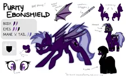 Size: 2000x1200 | Tagged: safe, artist:omiilett studios, derpibooru import, oc, oc:purity ebonshield, unofficial characters only, bat pony, pony, fanfic:everyday life with guardsmares, armor, bat pony oc, bat wings, cloak, clothes, commission, cutie mark, dagger, everyday life with guardsmares, female, guardsmare, hoof blades, mare, night guard, reference sheet, royal guard, weapon, wingblade, wings