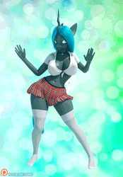 Size: 500x720 | Tagged: suggestive, artist:eqamrd, derpibooru import, queen chrysalis, anthro, changeling, changeling queen, 3d, 3ds max, animated, belly button, big breasts, bouncing, bouncing breasts, breasts, busty queen chrysalis, clothes, dancing, erect nipples, female, front view, gif, horn, huge breasts, image, jiggle, looking at you, loop, nipple outline, patreon, patreon logo, plaid skirt, reversalis, sexy, skirt, socks, solo, solo female, stocking feet, stockings, stupid sexy chrysalis, tail, thigh highs, top, wings, zettai ryouiki