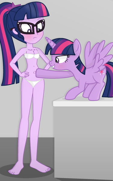 Size: 1000x1602 | Tagged: suggestive, artist:grapefruitface1, derpibooru import, sci-twi, twilight sparkle, twilight sparkle (alicorn), alicorn, pony, equestria girls, barefoot, base used, belly button, blushing, breasts, clothes, feet, female, fetish, glasses, grin, hands on hip, human ponidox, interspecies, lesbian, navel fetish, navel play, poking, self paradox, self ponidox, shipping, smiling, spread wings, twitwi, twolight, underwear, white underwear, wingboner, wings