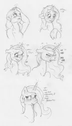 Size: 730x1280 | Tagged: suggestive, artist:foxxy-arts, derpibooru import, princess celestia, alicorn, human, pony, aroused, blushing, bust, chest fluff, ear fluff, embarrassed, enjoying, eyes closed, female, floating heart, hand on head, happy, heart, hoof over mouth, horn, horn growth, human to pony, mare, monochrome, open mouth, simple background, smiling, sparking horn, sweat, sweatdrops, transformation, transformation sequence, white background