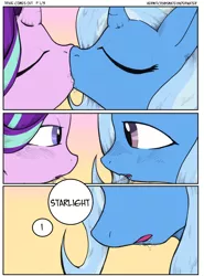 Size: 2530x3423 | Tagged: suggestive, artist:backgrounds-ponies, derpibooru import, starlight glimmer, trixie, pony, unicorn, comic:trixie comes out, comic, drool, female, kissing, lesbian, open eyes, ship, shipping, spit, startrix