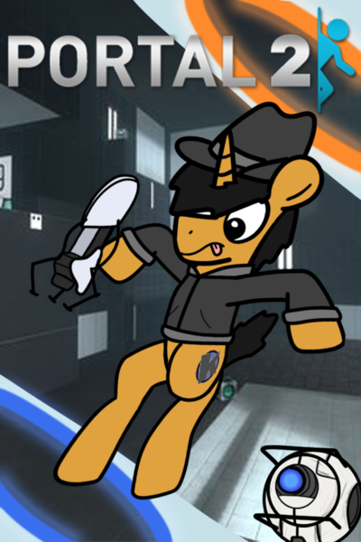 Size: 600x900 | Tagged: safe, artist:kaokraft, derpibooru import, oc, oc:kaokraft, pony, unicorn, black mane, clothes, fedora, hair over one eye, hat, jacket, portal, portal (valve), portal 2, portal gun, wheatley