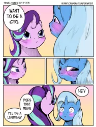 Size: 2530x3353 | Tagged: safe, artist:backgrounds-ponies, derpibooru import, starlight glimmer, trixie, pony, unicorn, comic:trixie comes out, engrish, female, lesbian, ship, shipping, startrix, trans trixie, transgender