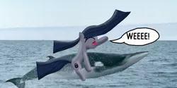 Size: 1200x600 | Tagged: safe, artist:crossovercartoons, derpibooru import, edit, editor:crossovercartoons, oc, oc:minkie pie, earth pony, pony, whale, cute, digital art, draw edit, drawing, eyes closed, happy, ocean, riding, solo, speech bubble, water