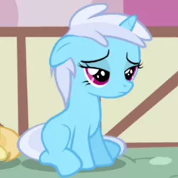 Size: 768x768 | Tagged: safe, derpibooru import, screencap, bloo, noi, pony, unicorn, a friend in deed, bloodorable, bloosad, cute, female, filly, floppy ears, frown, linkelina, offscreen character, ponyville, sad, sad face, sadorable, sitting, smile song, solo, solo focus
