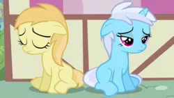 Size: 1280x720 | Tagged: safe, derpibooru import, screencap, bloo, noi, earth pony, pony, unicorn, a friend in deed, bloodorable, bloosad, cute, duo, duo female, eyes closed, female, filly, floppy ears, frown, linkelina, noiabetes, noisad, ponyville, sad, sad face, sadorable, sitting, smile song