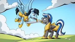 Size: 2560x1440 | Tagged: safe, artist:mysticalpha, derpibooru import, oc, oc:cloud zapper, oc:star blade, unofficial characters only, pegasus, pony, armor, cloud, male, pegasus oc, royal guard, royal guard armor, stallion, sword, weapon, wings