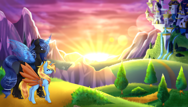 Size: 7000x4000 | Tagged: safe, artist:quasafox, derpibooru import, changeling queen oc, oc, oc:queen lahmia, oc:skydreams, changeling, changeling queen, pony, unicorn, artificial wings, augmented, blue changeling, canterlot, commission, female, mare, mechanical wing, scenery, wings