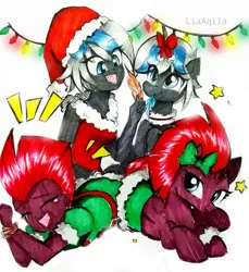 Size: 2013x2199 | Tagged: safe, artist:liaaqila, derpibooru import, tempest shadow, oc, oc:elizabat stormfeather, alicorn, bat pony, bat pony alicorn, pony, unicorn, equestria girls, alicorn oc, bat pony oc, bat wings, belt, bondage, bow, broken horn, canon x oc, choker, christmas, christmas lights, clothes, coat, commission, crying, dress, duality, equestria girls-ified, eye scar, eyes closed, feather, female, hair bow, hat, holiday, horn, human ponidox, laughing, lesbian, lying down, mare, mouth hold, open mouth, prone, ribbon, rope, rope bondage, santa hat, scar, self paradox, self ponidox, shipping, simple background, skirt, stormshadow, tears of laughter, tickle torture, tickling, traditional art, white background, wings