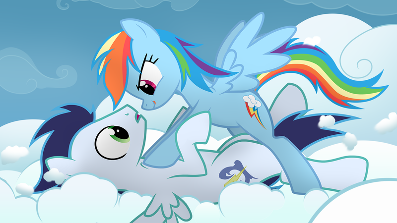 Size: 1920x1080 | Tagged: safe, alternate version, artist:evilenchantress, derpibooru import, rainbow dash, soarin', pegasus, pony, dominant, eyes on the prize, female, female on male, imminent sex, lying down, male, mare, mare on top, on back, pinned down, shipping, show accurate, show accurate porn, soarindash, stallion, straight, submissive, tongue out