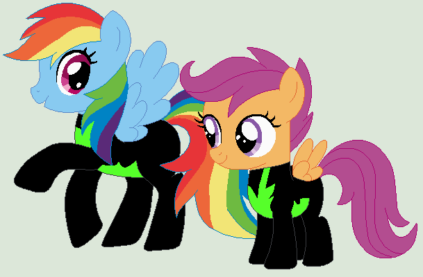 Size: 609x400 | Tagged: safe, artist:jadethepegasus, artist:painterede, derpibooru import, rainbow dash, scootaloo, pegasus, pony, base used, clothes, duo, female, filly, gray background, mare, open mouth, raised hoof, simple background, the washouts, uniform, washouts uniform