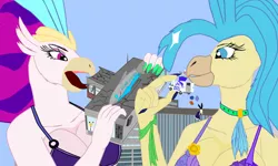 Size: 1280x767 | Tagged: artist:oceanrailroader, breasts, derpibooru import, female, giantess, hippogriff, human, imminent vore, macro, my little pony: the movie, princess skystar, queen novo, queen novore, suggestive