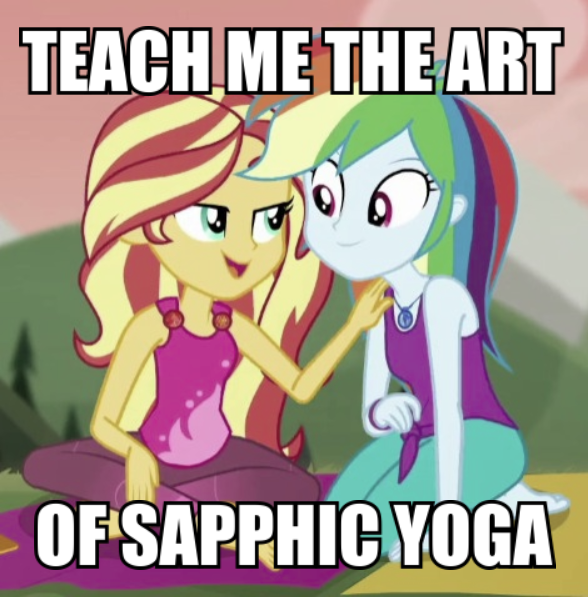 Size: 588x597 | Tagged: safe, derpibooru import, edit, edited screencap, screencap, rainbow dash, sunset shimmer, equestria girls, equestria girls series, wake up!, spoiler:eqg series (season 2), barefoot, caption, cropped, feet, female, image macro, implied lesbian, rainbow shimmer, text, wake up!: rainbow dash, yoga