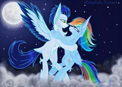 Size: 1280x916 | Tagged: safe, artist:misscandyt, derpibooru import, rainbow dash, soarin', butt feathers, cloud, colored wings, dancing, embrace, female, flying, male, moon, night, night sky, old cutie mark, shipping, sky, soarindash, stars, straight, wings