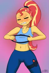 Size: 667x1000 | Tagged: safe, artist:empyu, derpibooru import, sunset shimmer, equestria girls, 30 minute art challenge, alternate hairstyle, belly button, clothes, eyes closed, female, midriff, pants, ponytail, purple background, ring fit adventure, simple background, struggling, you're doing it wrong