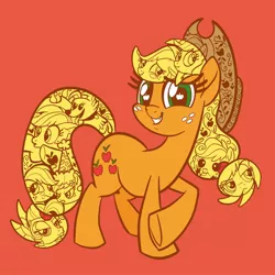 Size: 2048x2048 | Tagged: safe, artist:sophillia, derpibooru import, part of a set, applejack, winona, earth pony, pony, applejewel, baby, babyjack, cute, decorative hatching, derp, female, foal, froufrou glittery lacy outfit, jackabetes, jackletree, liarjack, mare, multeity, oooooh, orange background, simple background, solo, younger