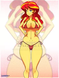 Size: 675x900 | Tagged: suggestive, artist:layerth, derpibooru import, sunset shimmer, equestria girls, anatomically incorrect, bad anatomy, big breasts, bikini, breasts, busty sunset shimmer, clothes, curvy, female, looking at you, solo, solo female, swimsuit, watermark, zoom layer
