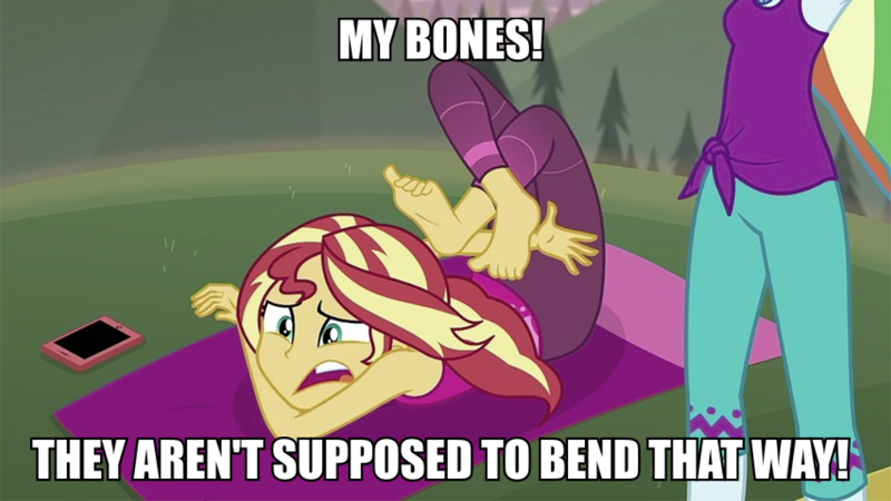 Size: 1065x599 | Tagged: safe, derpibooru import, edit, edited screencap, screencap, rainbow dash, sunset shimmer, equestria girls, equestria girls series, wake up!, spoiler:eqg series (season 2), caption, female, i need a chiropractor, image macro, impact font, text, wake up!: rainbow dash, yoga