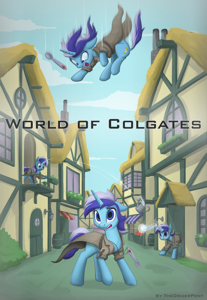 Size: 2700x3900 | Tagged: safe, artist:kozachokzrotom, derpibooru import, minuette, pony, unicorn, fanfic, fanfic:world of colgates, clothes, fanfic art, fanfic cover, jacket, ponyville, self ponidox, solo, spoon