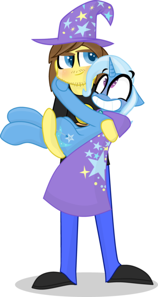 Size: 1230x2305 | Tagged: safe, artist:grapefruitface1, derpibooru import, trixie, oc, oc:grapefruit face, pony, unicorn, equestria girls, base used, blushing, canon x oc, cape, clothes, cuddling, female, grapexie, hat, holding, holding a pony, human and pony, male, shipping, simple background, straight, stylized, transparent background, trixie's cape, trixie's hat