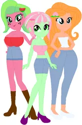 Size: 393x594 | Tagged: suggestive, artist:sturk-fontaine, derpibooru import, oc, oc:darla donut, oc:melon kiss, oc:peach blossom, equestria girls, bases used, big breasts, breasts, butt, cleavage, female, huge breasts, huge butt, large butt, trio, trio female, wide hips