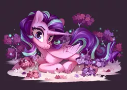 Size: 4093x2894 | Tagged: safe, artist:shore2020, derpibooru import, starlight glimmer, alicorn, pony, alicornified, commission, female, flower, horn, long horn, looking at you, lying down, mare, prone, race swap, smiling, solo, starlicorn, underhoof, xk-class end-of-the-world scenario