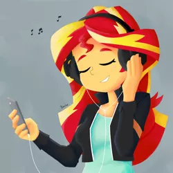 Size: 1800x1800 | Tagged: safe, artist:biocrine, derpibooru import, sunset shimmer, equestria girls, female, headphones, listening to music, simple background, solo