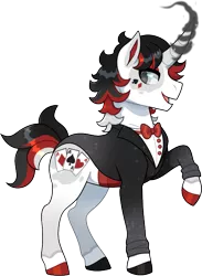 Size: 579x790 | Tagged: safe, alternate version, artist:lastnight-light, derpibooru import, oc, oc:ace, pony, unicorn, clothes, curved horn, horn, magic, male, raised hoof, simple background, solo, stallion, transparent background, tuxedo