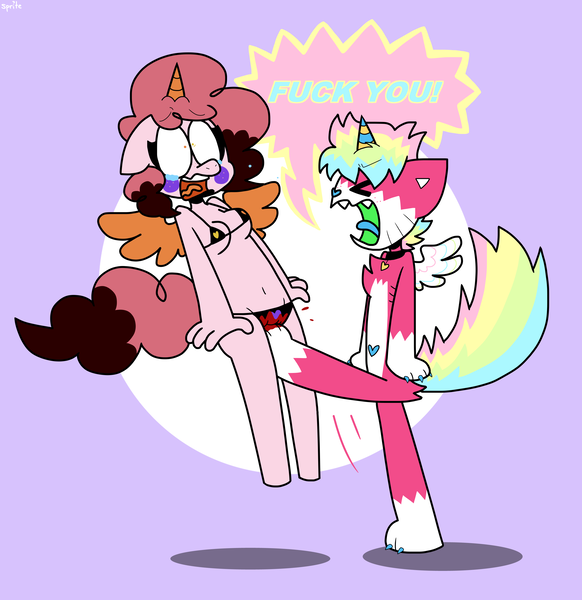 Size: 2999x3092 | Tagged: questionable, artist:spritecranbirdie, derpibooru import, oc, oc:pink nightmare, oc:pinkilicious, alicorn, anthro, cat, pony, blood, breasts, clothes, collar, crying, cunt punt, female, freckles, furry, furry oc, genital torture, heterochromia, kicked in the crotch, kicking, lipstick, makeup, male, panties, partially clothed, questionable description, tears of pain, teary eyes, underwear, vent art, vulgar