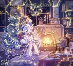 Size: 1714x1535 | Tagged: safe, artist:alexbluebird, derpibooru import, oc, unofficial characters only, alicorn, pony, alicorn oc, book, bookshelf, candle, candy, candy cane, chest fluff, christmas, christmas stocking, christmas tree, commission, cookie, dock, doll, fangs, fire, fireplace, fluffy, food, hat, holiday, horn, looking at you, night, present, rug, smiling, solo, toy, tree, wings
