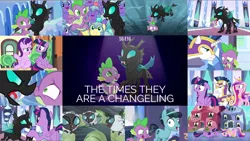 Size: 1974x1110 | Tagged: alicorn, armor, changeling, changeling larva, crystal guard, crystal guard armor, crystal hoof, derp, derpibooru import, disguise, disguised changeling, edit, edited screencap, editor:quoterific, princess cadance, royal guard, safe, screencap, shining armor, spike, starlight glimmer, the times they are a changeling, thorax, train, twilight sparkle, twilight sparkle (alicorn)