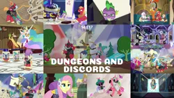 Size: 1974x1111 | Tagged: safe, derpibooru import, edit, edited screencap, editor:quoterific, screencap, big macintosh, discord, fluttershy, pinkie pie, rainbow dash, spike, squizard, unicorn, dungeons and discords, arrow, bag, bow (weapon), bow and arrow, captain wuzz, cutie map, discord's celestia face, garbuncle, opposite discord, opposite fluttershy, race swap, saddle bag, shield, sir mcbiggen, unicorn big mac, weapon