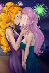 Size: 1373x2048 | Tagged: source needed, suggestive, artist:thebrokencog, derpibooru import, adagio dazzle, fluttershy, equestria girls, anime, breasts, busty adagio dazzle, busty fluttershy, clothes, commission, dress, female, females only, fireworks, human coloration, kissing, lesbian, new years eve, shipping, shyagio
