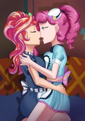 Size: 1442x2048 | Tagged: source needed, suggestive, artist:thebrokencog, derpibooru import, pinkie pie, sunset shimmer, equestria girls, 2 handfuls of dat ass, anime, boob squish, breasts, busty pinkie pie, busty sunset shimmer, clothes, commission, drool, drool string, eyes closed, female, females only, french kiss, human coloration, kissing, lesbian, server pinkie pie, shipping, sunset sushi, sunsetpie, tongue out, tongue play