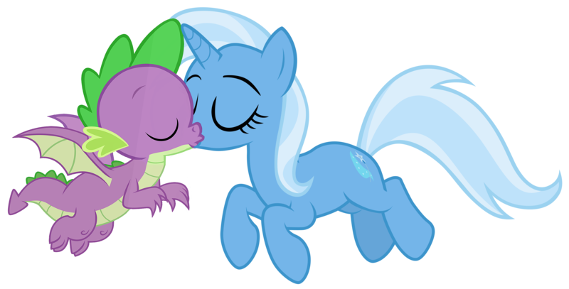 Size: 4901x2492 | Tagged: safe, artist:dragonchaser123, artist:tardifice, artist:titanium-pony, derpibooru import, spike, trixie, dragon, pony, unicorn, eyes closed, female, interspecies, kissing, male, shipping, simple background, spixie, straight, transparent background, vector, winged spike