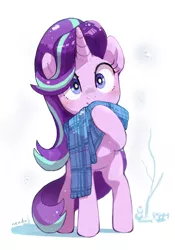 Size: 1400x2000 | Tagged: safe, artist:nendo, derpibooru import, manebooru import, starlight glimmer, pony, unicorn, g4, clothes, cold, cute, female, glimmerbetes, image, png, raised hoof, scarf, simple background, snow, solo, white background, winter