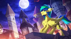 Size: 3000x1628 | Tagged: safe, artist:redchetgreen, derpibooru import, oc, oc:sky, unofficial characters only, gargoyle, pegasus, pony, chest fluff, clock tower, cutie mark, full moon, high res, male, moon, night, scenery, scenery porn, solo, stallion
