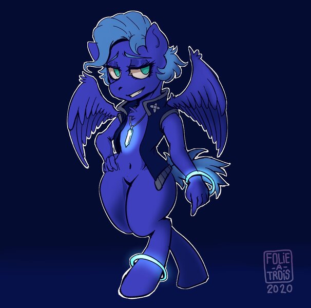 Size: 1920x1900 | Tagged: safe, artist:folie-a-trois, derpibooru import, oc, oc:steel mist, anthro, pegasus, unguligrade anthro, anthro oc, armband, clothes, female, image, jacket, jewelry, jpeg, legband, necklace, not luna, pegasus oc, wings