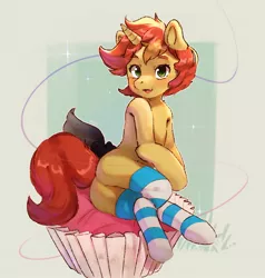 Size: 1461x1537 | Tagged: safe, artist:kyuurinori, derpibooru import, oc, oc:pastel drop, unofficial characters only, pony, unicorn, butt, clothes, female, looking at you, plot, socks, solo, striped socks