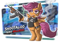 Size: 931x658 | Tagged: safe, artist:epicsubterfuge, derpibooru import, scootaloo, pegasus, pony, ak-47, assault rifle, bedroom eyes, bipedal, cigarette, clothes, digital art, female, filly, gun, mare, open mouth, rifle, shirt, smoking, solo, spread wings, tail, weapon, wings, zastava m92