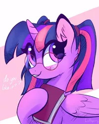 Size: 800x1000 | Tagged: safe, alternate version, artist:lollipony, derpibooru import, twilight sparkle, twilight sparkle (alicorn), alicorn, pony, alternate hairstyle, book, cute, dialogue, ear fluff, eye clipping through hair, female, glasses, holding, looking at you, mare, meganekko, pigtails, question, raised hoof, smiling, solo, talking to viewer, twiabetes, twigtails, twintails