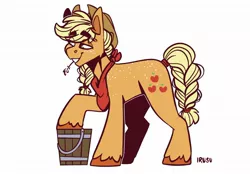 Size: 2048x1423 | Tagged: safe, artist:lrusu, derpibooru import, part of a set, applejack, earth pony, pony, applejack (male), bandana, braid, braided tail, bucket, colored hooves, cowboy hat, eye clipping through hair, eyebrows visible through hair, hat, lidded eyes, looking forward, male, rule 63, simple background, smiling, solo, stallion, straw in mouth, unshorn fetlocks, white background