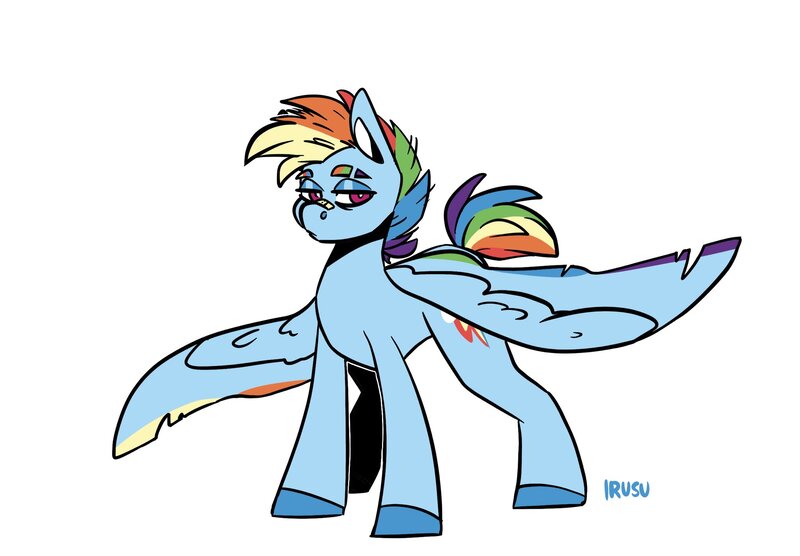 Size: 2048x1423 | Tagged: safe, artist:lrusu, derpibooru import, part of a set, rainbow dash, pegasus, pony, bandage, colored wings, lidded eyes, looking at you, male, multicolored wings, rainbow blitz, rule 63, short hair, simple background, solo, spread wings, stallion, white background, wings