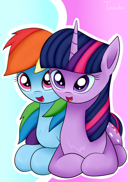 Size: 2480x3507 | Tagged: safe, artist:twidasher, derpibooru import, rainbow dash, twilight sparkle, pegasus, pony, unicorn, chest fluff, female, lesbian, lying down, ponyloaf, prone, shipping, signature, twidash, unicorn twilight