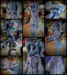 Size: 1800x2000 | Tagged: safe, artist:burgunzik, derpibooru import, trixie, semi-anthro, alternate hairstyle, babysitter trixie, clothes, hoodie, irl, life size, photo, pigtails, plushie, solo