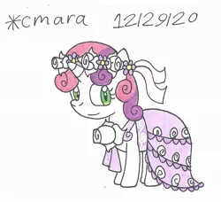 Size: 854x778 | Tagged: safe, artist:cmara, derpibooru import, sweetie belle, pony, unicorn, 12, 20, 29, clothes, cute, diasweetes, dress, female, filly, floral head wreath, flower, flower filly, flower girl, flower girl dress, simple background, solo, traditional art, wedding dress, white background