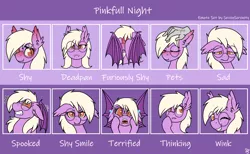 Size: 3572x2200 | Tagged: safe, artist:sevenserenity, derpibooru import, oc, oc:pinkfull night, unofficial characters only, bat pony, bat pony oc, bat wings, blushing, commission, discord emotes, ear fluff, emote set, fangs, female, glasses, looking at you, one eye closed, petting, sad, scared, shy, smiling at you, solo, spread wings, staring at you, sticker pack, sweat, teenager, thinking, wings, wink, winking at you